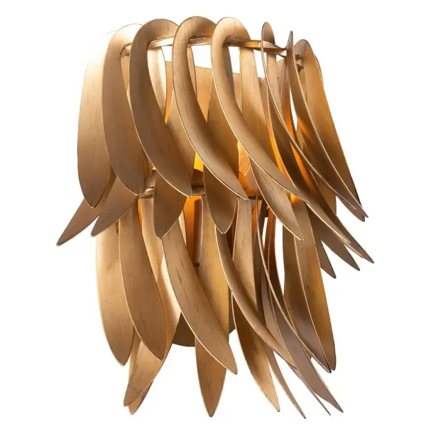 Inspired by the shape of leaves from the Willow tree, the Grace collection uses individually handcrafted rings to create layers using their organic, twisted shape. The Grace is handpainted in a classic New Gold finish. Collection: Grace Rooms: Living Room, Powder Room Finish: New Gold Width: 7.00" Height: 14.00" Weight: 9.00 lb Extension from Wall: 5.00" Wire: 12" Number of Bulbs: 1 Maximum Wattage: 60.00 W Bulb Type: E26 Bulb Base: E26 Medium Dimmable Voltage: 120.00 V Material: Steel Country of Origin: Philippines Safety Listing: UL-cUL Safety Rating: Dry