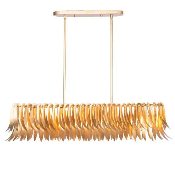 Inspired by the shape of leaves from the Willow tree, the Grace collection uses individually handcrafted rings to create layers using their organic, twisted shape. The Grace is handpainted in a classic New Gold finish. Collection: Grace Rooms: Kitchen, Dining Room Finish: New Gold Width: 8.00" Height: 20.00" Length: 44.00" Weight: 42.00 lb Wire: 156" Rod: (2) 6", (2) 12", (2) 24" Number of Bulbs: 5 Maximum Wattage: 60.00 W Bulb Type: Candelabra Bulb Base: E12 Candelabra Dimmable Voltage: 120.00 V Material: Steel Country of Origin: Philippines Safety Listing: UL-cUL Safety Rating: Dry