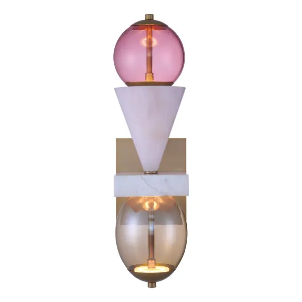 Ilumine by Vanessa Deleon for Kalco Lighting presents the abstract inspired Demi collection. Featuring a stacked geometric silhouette, bold color stories achieved through colored glass, and natural stone completed with sculptural elements to create a delicate balance. The natural marble and jade pieces are cut individually showcasing thier unique characteristics paired with a simple Winter Brass finish and LED technology. Collection: Demi Rooms: Game Room Finish: Winter Brass Width: 6.50" Height: 24.00" Weight: 22.00 lb Extension from Wall: 8.50" Wire: 12" Canopy: 6.5"x1"x8" Bulbs Included Maximum Wattage: 10.00 W Bulb Type: LED Light Source: LED Light Output: 650.00 lm Color Temperature: 2700 K CRI: 90 Dimmable Voltage: 120.00 V Material: Jade, Marble, Steel, Glass Country of Origin: China Safety Listing: UL-cUL Safety Rating: Dry LED - alternate view