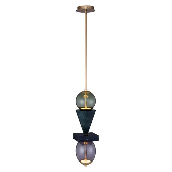 Ilumine by Vanessa Deleon for Kalco Lighting presents the abstract inspired Demi collection. Featuring a stacked geometric silhouette, bold color stories achieved through colored glass, and natural stone completed with sculptural elements to create a delicate balance. The natural marble and jade pieces are cut individually showcasing thier unique characteristics paired with a simple Winter Brass finish and LED technology. Collection: Demi Rooms: Bar Finish: Winter Brass Width: 6.25" Height: 24.00" Weight: 22.00 lb Wire: 96" Rod: (1) 6", (1) 12", (1) 24" Canopy: 6"x1" Bulbs Included Maximum Wattage: 10.00 W Bulb Type: LED Light Source: LED Light Output: 650.00 lm Color Temperature: 2700 K CRI: 90 Dimmable Voltage: 120.00 V Material: Marble, Steel, Glass Country of Origin: China Safety Listing: UL-cUL Safety Rating: Dry LED