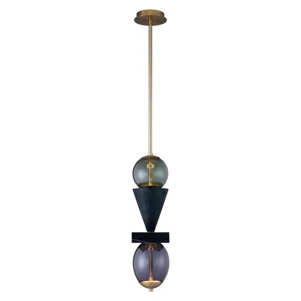 Ilumine by Vanessa Deleon for Kalco Lighting presents the abstract inspired Demi collection. Featuring a stacked geometric silhouette, bold color stories achieved through colored glass, and natural stone completed with sculptural elements to create a delicate balance. The natural marble and jade pieces are cut individually showcasing thier unique characteristics paired with a simple Winter Brass finish and LED technology. Collection: Demi Rooms: Bar Finish: Winter Brass Width: 6.25" Height: 24.00" Weight: 22.00 lb Wire: 96" Rod: (1) 6", (1) 12", (1) 24" Canopy: 6"x1" Bulbs Included Maximum Wattage: 10.00 W Bulb Type: LED Light Source: LED Light Output: 650.00 lm Color Temperature: 2700 K CRI: 90 Dimmable Voltage: 120.00 V Material: Marble, Steel, Glass Country of Origin: China Safety Listing: UL-cUL Safety Rating: Dry LED - alternate view
