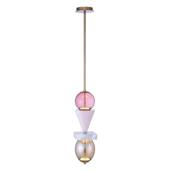 Ilumine by Vanessa Deleon for Kalco Lighting presents the abstract inspired Demi collection. Featuring a stacked geometric silhouette, bold color stories achieved through colored glass, and natural stone completed with sculptural elements to create a delicate balance. The natural marble and jade pieces are cut individually showcasing thier unique characteristics paired with a simple Winter Brass finish and LED technology. Collection: Demi Rooms: Bar Finish: Winter Brass Width: 6.25" Height: 24.00" Weight: 22.00 lb Wire: 96" Rod: (1) 6", (1) 12", (1) 24" Canopy: 6"x1" Bulbs Included Maximum Wattage: 10.00 W Bulb Type: LED Light Source: LED Light Output: 650.00 lm Color Temperature: 2700 K CRI: 90 Dimmable Voltage: 120.00 V Material: Jade, Marble, Steel, Glass Country of Origin: China Safety Listing: UL-cUL Safety Rating: Dry LED - alternate view