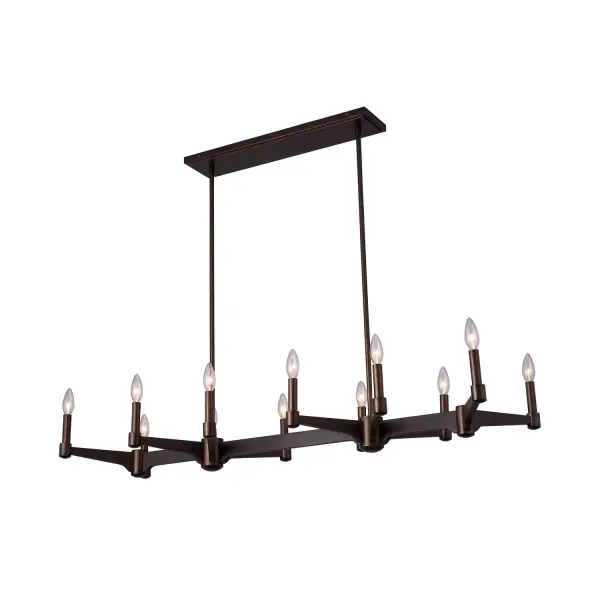 The contemporary collection with a monochromatic twist of natural materials. The dark stained wood is paired with deep Vintage Bronze metal accent to create simple rustic sophistication. Collection: Tono Rooms: Kitchen, Dining Room Finish: Vintage Bronze Width: 16.00" Height: 19.00" Length: 48.00" Weight: 29.00 lb Wire: 156" Rod: (2) 6", (2) 12", (2) 24" Number of Bulbs: 12 Maximum Wattage: 60.00 W Bulb Type: E12 Bulb Base: E12 Candelabra Dimmable Voltage: 120.00 V Material: Wood, Steel Country of Origin: China Safety Listing: UL-cUL Safety Rating: Dry
