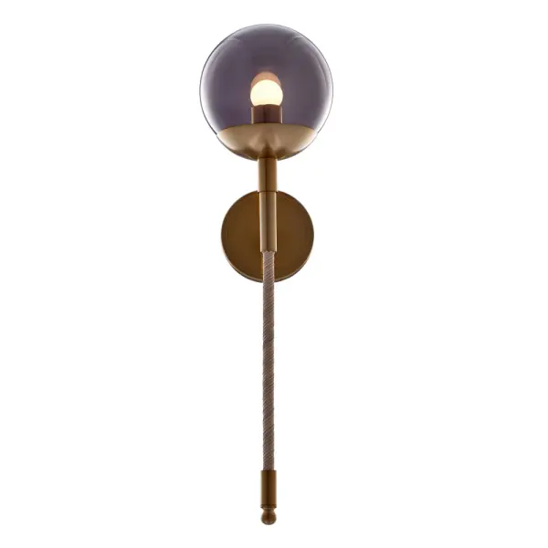 Unexpected surprise is what you will see and feel with the Boba Collection by Vanessa Deleon for Kalco Lighting. Deep curves, genuine leather wrapped arms, and custom geometric chain are just the beginning. Featuring a smoked glass globe with a center acrylic diffuser to cover the LED lamps. Collection: Boba Rooms: Bathroom, Bedroom, Living Room, Finish: Winter Brass Width: 7.00" Height: 26.00" Weight: 6.61 lb Extension from Wall: 7.75" Wire: 12" Canopy: 5"x0.75" Bulbs Included Maximum Wattage: 4.00 W Bulb Type: LED Light Source: LED Light Output: 280.00 lm Color Temperature: 3000 K CRI: 90 Dimmable Voltage: 120.00 V Material: Steel, Glass, Leather, Acrylic Country of Origin: China Safety Listing: UL-cUL Safety Rating: Dry LED