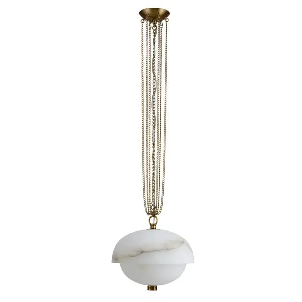 Mined from solid blocks of authentic alabaster, these two distinctive dome shapes showcase the natural patterns found in the stone. The Winter Brass hardware and matching specialty chain highlight the craftsmaship characteristic to Kalco's commitment to quality and authenticity. Collection: Volterra Rooms: Kitchen, Bar Finish: Winter Brass Width: 17.00" Height: 16.00" Weight: 36.00 lb Chain: 48" Wire: 96" Bulbs Included Maximum Wattage: 30.00 W Bulb Type: LED Light Source: LED Light Output: 2400.00 lm Color Temperature: 3000 K CRI: 90 Dimmable Voltage: 120.00 V Material: Alabaster, Brass Country of Origin: China Safety Listing: UL-cUL Safety Rating: Dry LED - alternate view