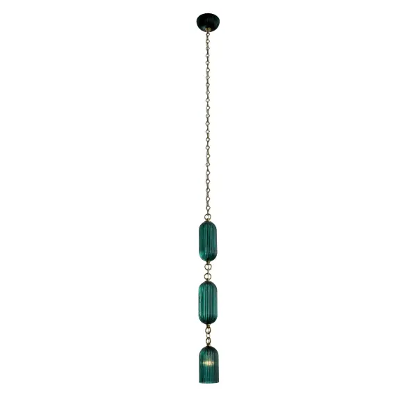 Captivating Peacock Green glass creates the ultimate accent color with a bold style statement. This classically inspired silhouette uses a repeated reeded pattern to create texture from the Satin Brass frame to the glass shades. Collection: Verde Rooms: Kitchen, Bar, Bedroom, Finish: Satin Brass Width: 4.00" Height: 36.00" Weight: 10.00 lb Chain: 48" Wire: 96" Canopy: 5"x1" Number of Bulbs: 1 Maximum Wattage: 40.00 W Bulb Type: E26 Bulb Base: E26 Medium Dimmable Voltage: 120.00 V Material: Brass, Glass Country of Origin: China Safety Listing: UL-cUL Safety Rating: Dry