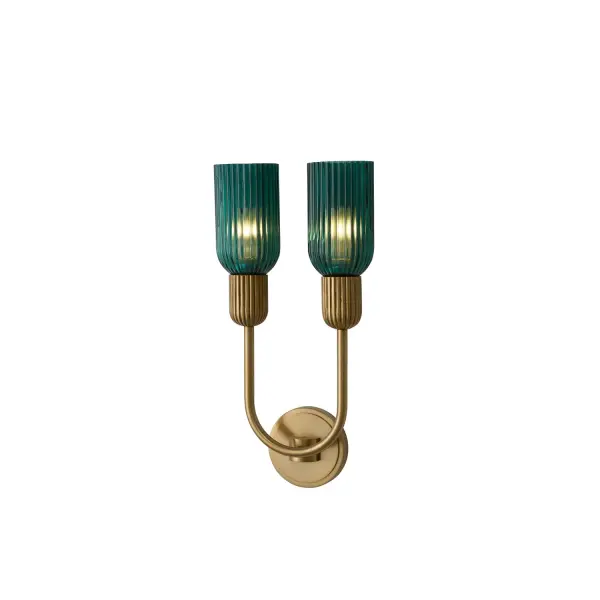 Captivating Peacock Green glass creates the ultimate accent color with a bold style statement. This classically inspired silhouette uses a repeated reeded pattern to create texture from the Satin Brass frame to the glass shades. Collection: Verde Rooms: Bedroom, Living Room, Powder Room, Finish: Satin Brass Width: 10.00" Height: 15.00" Weight: 8.00 lb Extension from Wall: 5.50" Wire: 12" Canopy: 5"x1" Number of Bulbs: 2 Maximum Wattage: 40.00 W Bulb Type: E26 Bulb Base: E26 Medium Dimmable Voltage: 120.00 V Material: Brass, Glass Country of Origin: China Safety Listing: UL-cUL Safety Rating: Dry