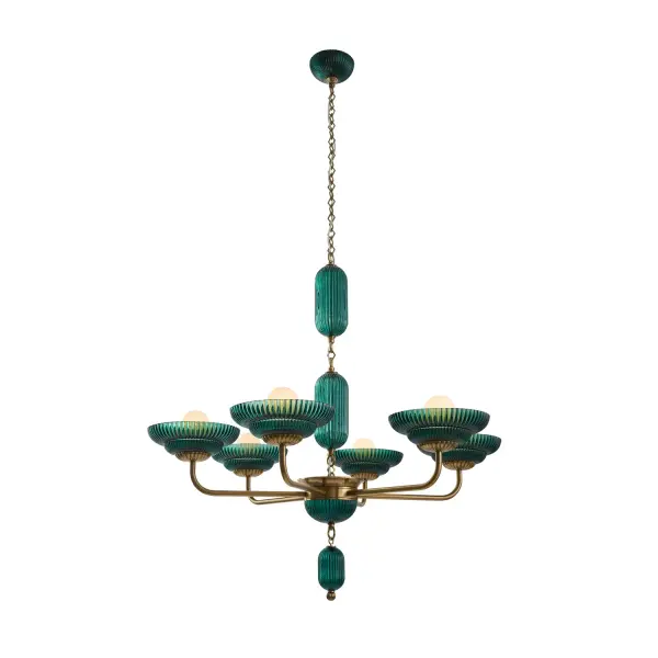 Captivating Peacock Green glass creates the ultimate accent color with a bold style statement. This classically inspired silhouette uses a repeated reeded pattern to create texture from the Satin Brass frame to the glass shades. Collection: Verde Rooms: Dining Room, Living Room Finish: Satin Brass Width: 40.00" Height: 40.00" Weight: 49.00 lb Chain: 96" Wire: 156" Canopy: 5"x1" Number of Bulbs: 6 Maximum Wattage: 40.00 W Bulb Type: E26 Bulb Base: E26 Medium Dimmable Voltage: 120.00 V Material: Brass, Glass Country of Origin: China Safety Listing: UL-cUL Safety Rating: Dry