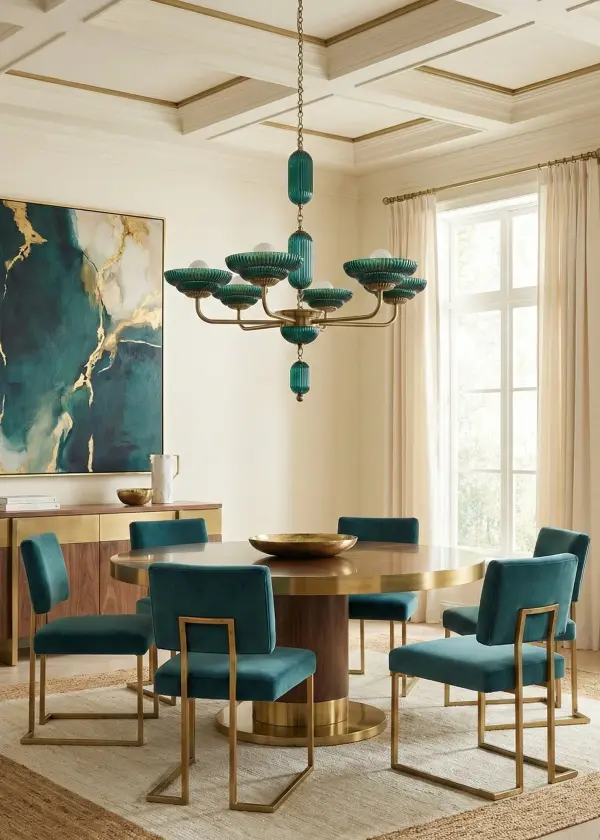 Captivating Peacock Green glass creates the ultimate accent color with a bold style statement. This classically inspired silhouette uses a repeated reeded pattern to create texture from the Satin Brass frame to the glass shades. Collection: Verde Rooms: Dining Room, Living Room Finish: Satin Brass Width: 40.00" Height: 40.00" Weight: 49.00 lb Chain: 96" Wire: 156" Canopy: 5"x1" Number of Bulbs: 6 Maximum Wattage: 40.00 W Bulb Type: E26 Bulb Base: E26 Medium Dimmable Voltage: 120.00 V Material: Brass, Glass Country of Origin: China Safety Listing: UL-cUL Safety Rating: Dry - alternate view