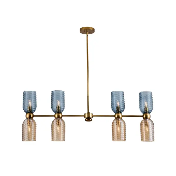 The perfect pairing of cool navy blue and a warm iridescent peach make a statement in color combinations. The glass shades feature a natural twisted texture on the surface. The rounded holder and pebble finial add soft accents in a classic Aged Gold finish. Collection: Azul Rooms: Kitchen, Dining Room Finish: Aged Gold Width: 5.00" Height: 25.00" Length: 48.00" Weight: 42.00 lb Wire: 156" Rod: (1) 6", (1) 12", (1) 24" Number of Bulbs: 8 Maximum Wattage: 40.00 W Bulb Type: E12 Bulb Base: E12 Candelabra Dimmable Voltage: 120.00 V Material: Steel, Glass Country of Origin: China Safety Listing: UL-cUL Safety Rating: Dry