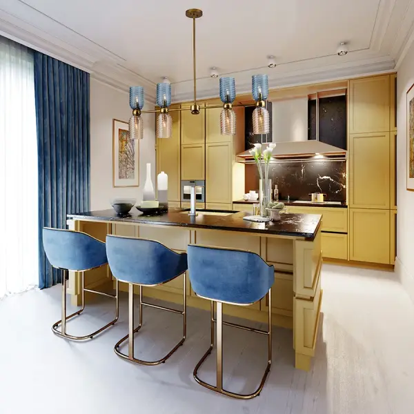 The perfect pairing of cool navy blue and a warm iridescent peach make a statement in color combinations. The glass shades feature a natural twisted texture on the surface. The rounded holder and pebble finial add soft accents in a classic Aged Gold finish. Collection: Azul Rooms: Kitchen, Dining Room Finish: Aged Gold Width: 5.00" Height: 25.00" Length: 48.00" Weight: 42.00 lb Wire: 156" Rod: (1) 6", (1) 12", (1) 24" Number of Bulbs: 8 Maximum Wattage: 40.00 W Bulb Type: E12 Bulb Base: E12 Candelabra Dimmable Voltage: 120.00 V Material: Steel, Glass Country of Origin: China Safety Listing: UL-cUL Safety Rating: Dry - alternate view