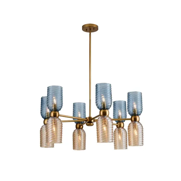 The perfect pairing of cool navy blue and a warm iridescent peach make a statement in color combinations. The glass shades feature a natural twisted texture on the surface. The rounded holder and pebble finial add soft accents in a classic Aged Gold finish. Collection: Azul Rooms: Dining Room, Living Room Finish: Aged Gold Width: 36.00" Height: 25.00" Weight: 49.00 lb Wire: 113" Rod: (1) 6", (1) 12", (1) 24" Number of Bulbs: 12 Maximum Wattage: 40.00 W Bulb Type: E12 Bulb Base: E12 Candelabra Dimmable Voltage: 120.00 V Material: Steel, Glass Country of Origin: China Safety Listing: UL-cUL Safety Rating: Dry