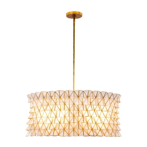 Inspired by the softness of scalloped edges and geometric patterns. The Flair collection is made from natural Capiz shell material and a gold leaf finish. The concave handcrafted pattern allows for a 3D light effect. Collection: Flair Rooms: Dining Room, Living Room Finish: Oxidized Gold Leaf Width: 29.50" Height: 11.50" Weight: 12.19 lb Extension from Wall: 42.00" Wire: 96" Rod: (1) 6", (1) 12", (1) 24" Canopy: 5"x.75" Number of Bulbs: 6 Maximum Wattage: 60.00 W Bulb Type: Candelabra Bulb Base: E12 Candelabra Dimmable Voltage: 120.00 V Material: Steel, Capiz Shell Country of Origin: Philippines Safety Listing: UL-cUL Safety Rating: Dry