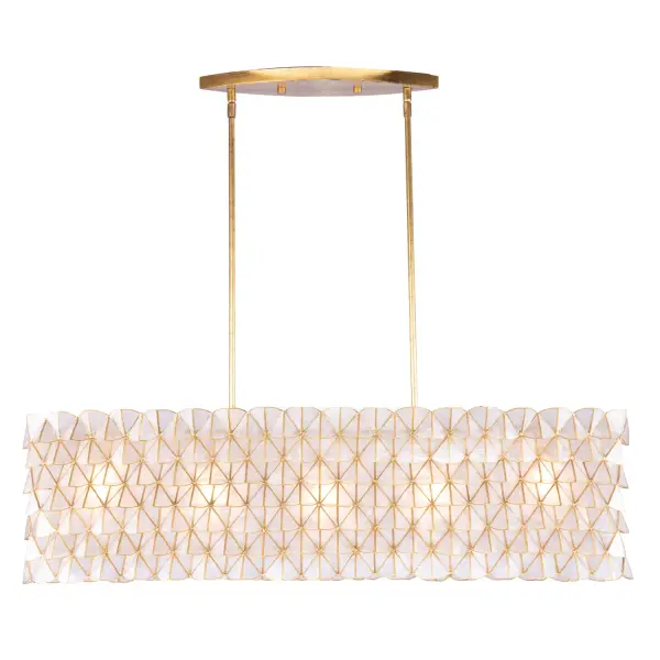 Inspired by the softness of scalloped edges and geometric patterns. The Flair collection is made from natural Capiz shell material and a gold leaf finish. The concave handcrafted pattern allows for a 3D light effect. Collection: Flair Rooms: Dining Room, Living Room Finish: Oxidized Gold Leaf Width: 11.50" Height: 11.50" Length: 45.00" Weight: 8.69 lb Extension from Wall: 42.00" Wire: 96" Rod: (1) 6", (1) 12", (1) 24" Canopy: 5"x1"x18" Number of Bulbs: 5 Maximum Wattage: 60.00 W Bulb Type: Candelabra Bulb Base: E12 Candelabra Dimmable Voltage: 120.00 V Material: Steel, Capiz Shell Country of Origin: Philippines Safety Listing: UL-cUL Safety Rating: Dry