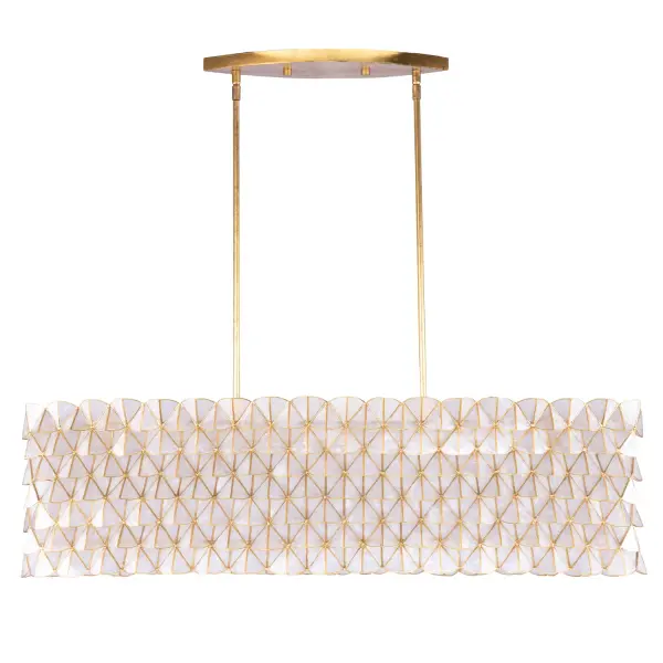 Inspired by the softness of scalloped edges and geometric patterns. The Flair collection is made from natural Capiz shell material and a gold leaf finish. The concave handcrafted pattern allows for a 3D light effect. Collection: Flair Rooms: Dining Room, Living Room Finish: Oxidized Gold Leaf Width: 11.50" Height: 11.50" Length: 45.00" Weight: 8.69 lb Extension from Wall: 42.00" Wire: 96" Rod: (1) 6", (1) 12", (1) 24" Canopy: 5"x1"x18" Number of Bulbs: 5 Maximum Wattage: 60.00 W Bulb Type: Candelabra Bulb Base: E12 Candelabra Dimmable Voltage: 120.00 V Material: Steel, Capiz Shell Country of Origin: Philippines Safety Listing: UL-cUL Safety Rating: Dry - alternate view