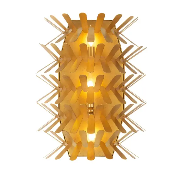 Inspired by woven basket shapes, the Spur Collection features layered tabs that allow light to travel across the handcrafted rounded flat surfaces that create a scalloped look. Offered in a hand-applied Oxidized Gold Leaf finish that adds a soft glow. Collection: Spur Rooms: Living Room, Game Room, Bedroom, Finish: Oxidized Gold Leaf Width: 15.75" Height: 20.00" Weight: 15.00 lb Extension from Wall: 9.75" Wire: 12" Canopy: 9.25"x20"x0.75" Number of Bulbs: 3 Maximum Wattage: 60.00 W Bulb Type: Candelabra Bulb Base: E12 Candelabra Dimmable Voltage: 120.00 V Material: Steel Country of Origin: Phillipines Safety Listing: UL-cUL Safety Rating: Dry