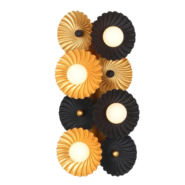 Insipired by a floral bouquet, the Damask collection features stamped steel flowers that create a swirl textured design. Soft white globes randomly sit to illuminate the outside while additional bulbs glow from behind to create a n even light. Available in Matte Black and Gold or Matte White and Gold finishes Collection: Damask Rooms: Bedroom, Dining Room, Powder Room, Finish: Black and Vintage Brass Width: 8.00" Height: 16.00" Weight: 4.20 lb Extension from Wall: 5.00" Wire: 12" Canopy: 6"x14" Number of Bulbs: 4 Maximum Wattage: 40.00 W Bulb Type: Candelabra Bulb Base: E12 Candelabra Dimmable Voltage: 120.00 V Material: Steel Country of Origin: Philippines Safety Listing: UL-cUL Safety Rating: Dry