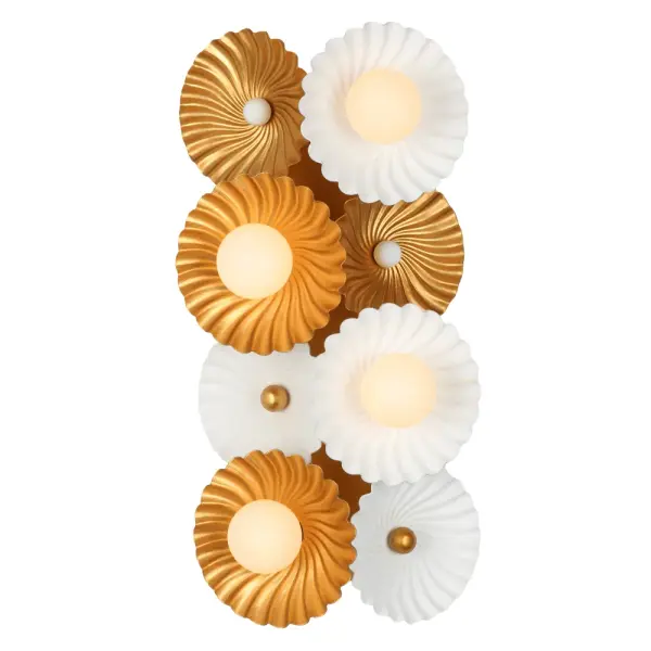 Insipired by a floral bouquet, the Damask collection features stamped steel flowers that create a swirl textured design. Soft white globes randomly sit to illuminate the outside while additional bulbs glow from behind to create a n even light. Available in Matte Black and Gold or Matte White and Gold finishes Collection: Damask Rooms: Bedroom, Dining Room, Powder Room , Finish: White and Vintage Brass Width: 8.00" Height: 16.00" Weight: 4.20 lb Extension from Wall: 5.00" Wire: 12" Canopy: 6"x14" Number of Bulbs: 4 Maximum Wattage: 40.00 W Bulb Type: Candelabra Bulb Base: E12 Candelabra Dimmable Voltage: 120.00 V Material: Steel Country of Origin: Philippines Safety Listing: UL-cUL Safety Rating: Dry