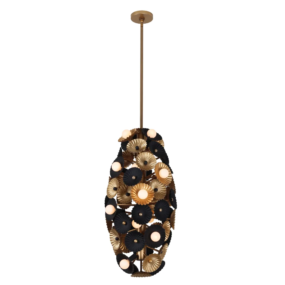 Damask 20 Light Foyer Pendant in Black and Vintage Brass