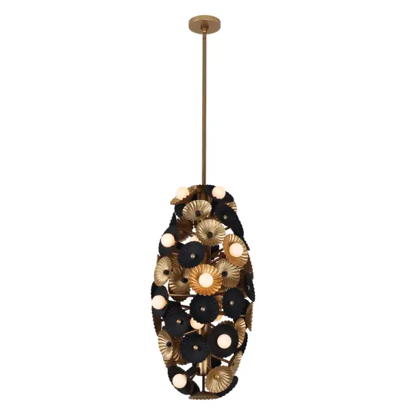 Insipired by a floral bouquet, the Damask collection features stamped steel flowers that create a swirl textured design. Soft white globes randomly sit to illuminate the outside while additional bulbs glow from behind to create a n even light. Available in Matte Black and Gold or Matte White and Gold finishes Collection: Damask Rooms: Foyer, Stairwell Finish: Black and Vintage Brass Width: 16.00" Height: 30.00" Weight: 25.35 lb Extension from Wall: 42.00" Wire: 96" Rod: (1) 6", (1) 12", (1) 24" Canopy: 5"x.75" Number of Bulbs: 20 Maximum Wattage: 40.00 W Bulb Type: E12 Bulb Base: E12 Candelabra Dimmable Voltage: 120.00 V Material: Steel Country of Origin: Philippines Safety Listing: UL-cUL Safety Rating: Dry