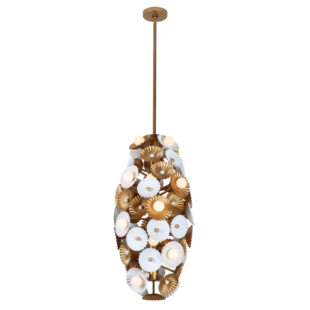 Damask 20 Light Foyer Pendant in White and Vintage Brass