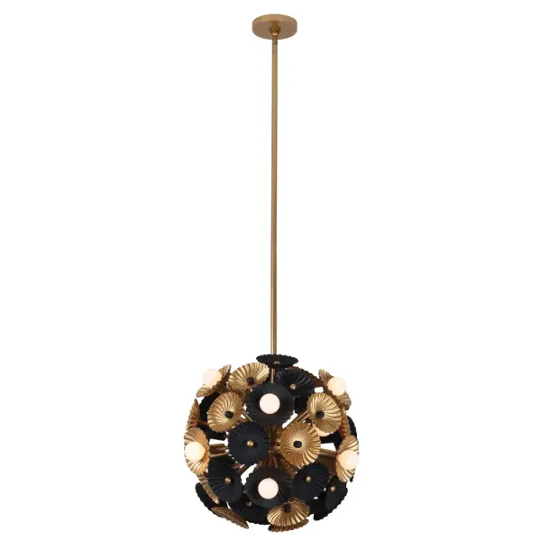 Insipired by a floral bouquet, the Damask collection features stamped steel flowers that create a swirl textured design. Soft white globes randomly sit to illuminate the outside while additional bulbs glow from behind to create a n even light. Available in Matte Black and Gold or Matte White and Gold finishes Collection: Damask Rooms: Closet, Dining Room, Powder Room, Finish: Black and Vintage Brass Width: 18.00" Height: 18.00" Weight: 19.64 lb Extension from Wall: 42.00" Wire: 96" Rod: (1) 6", (1) 12", (1) 24" Canopy: 5"x.75" Number of Bulbs: 15 Maximum Wattage: 40.00 W Bulb Type: Candelabra Bulb Base: E12 Candelabra Dimmable Voltage: 120.00 V Material: Steel Country of Origin: Philippines Safety Listing: UL-cUL Safety Rating: Dry