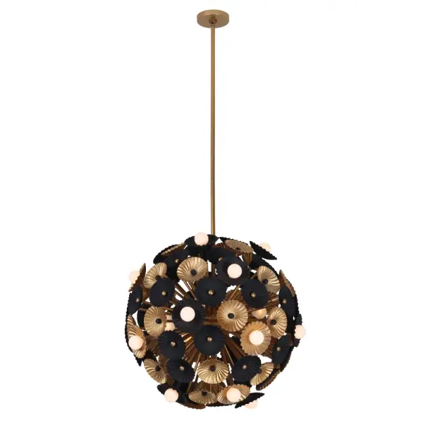 Insipired by a floral bouquet, the Damask collection features stamped steel flowers that create a swirl textured design. Soft white globes randomly sit to illuminate the outside while additional bulbs glow from behind to create a n even light. Available in Matte Black and Gold or Matte White and Gold finishes Collection: Damask Rooms: Living Room, Dining Room Finish: Black and Vintage Brass Width: 28.00" Height: 29.00" Weight: 41.88 lb Extension from Wall: 42.00" Wire: 192" Rod: (1) 6", (1) 12", (1) 24" Canopy: 5"x.75" Number of Bulbs: 28 Maximum Wattage: 40.00 W Bulb Type: Candelabra Bulb Base: E12 Candelabra Dimmable Voltage: 120.00 V Material: Steel Country of Origin: Philippines Safety Listing: UL-cUL Safety Rating: Dry