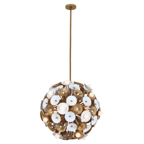 Insipired by a floral bouquet, the Damask collection features stamped steel flowers that create a swirl textured design. Soft white globes randomly sit to illuminate the outside while additional bulbs glow from behind to create a n even light. Available in Matte Black and Gold or Matte White and Gold finishes Collection: Damask Rooms: Living Room, Dining Room Finish: White and Vintage Brass Width: 28.00" Height: 29.00" Weight: 41.88 lb Extension from Wall: 42.00" Wire: 195" Rod: (1) 6", (1) 12", (1) 24" Canopy: 5"x.75" Number of Bulbs: 28 Maximum Wattage: 40.00 W Bulb Type: Candelabra Bulb Base: E12 Candelabra Dimmable Voltage: 120.00 V Material: Steel Country of Origin: Philippines Safety Listing: UL-cUL Safety Rating: Dry