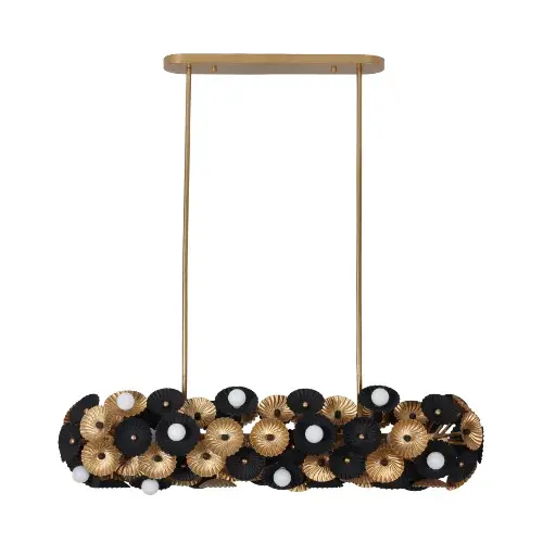 Insipired by a floral bouquet, the Damask collection features stamped steel flowers that create a swirl textured design. Soft white globes randomly sit to illuminate the outside while additional bulbs glow from behind to create a n even light. Available in Matte Black and Gold or Matte White and Gold finishes Collection: Damask Rooms: Kitchen, Dining Room Finish: Black and Vintage Brass Width: 14.00" Height: 10.00" Length: 48.00" Weight: 34.76 lb Extension from Wall: 42.00" Wire: 96" Rod: (2) 6", (2) 12", (2) 24" Canopy: 5"x1"x25.5" Number of Bulbs: 24 Maximum Wattage: 40.00 W Bulb Type: Candelabra Bulb Base: E12 Candelabra Dimmable Voltage: 120.00 V Material: Steel Country of Origin: Philippines Safety Listing: UL-cUL Safety Rating: Dry