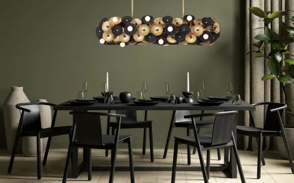 Insipired by a floral bouquet, the Damask collection features stamped steel flowers that create a swirl textured design. Soft white globes randomly sit to illuminate the outside while additional bulbs glow from behind to create a n even light. Available in Matte Black and Gold or Matte White and Gold finishes Collection: Damask Rooms: Kitchen, Dining Room Finish: Black and Vintage Brass Width: 14.00" Height: 10.00" Length: 48.00" Weight: 34.76 lb Extension from Wall: 42.00" Wire: 96" Rod: (2) 6", (2) 12", (2) 24" Canopy: 5"x1"x25.5" Number of Bulbs: 24 Maximum Wattage: 40.00 W Bulb Type: Candelabra Bulb Base: E12 Candelabra Dimmable Voltage: 120.00 V Material: Steel Country of Origin: Philippines Safety Listing: UL-cUL Safety Rating: Dry - alternate view