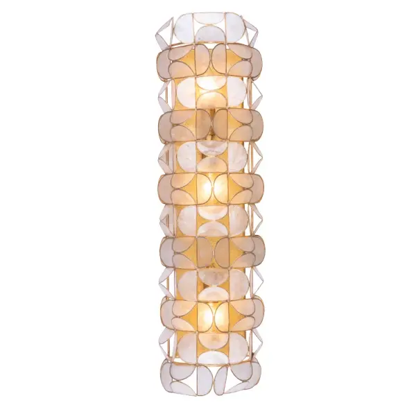 The Crescent collection is inspired by a butterfly swarm over water. This collection features beautiful natural Capiz shell cut in half moon shapes and connects on angles in a clean modern pattern. The simple repeated geometric pattern offers a spectagular visual effect that is quite complex and natural. Collection: Crescent Rooms: Living Room, Dining Room, Powder Room, Finish: Oxidized Gold Leaf Width: 3.75" Height: 28.00" Weight: 3.65 lb Extension from Wall: 3.75" Wire: 12" Canopy: 5"x19.5" Number of Bulbs: 3 Maximum Wattage: 60.00 W Bulb Type: Candelabra Bulb Base: E12 Candelabra Dimmable Voltage: 120.00 V Material: Steel, Capiz Shell Country of Origin: Philippines Safety Listing: UL-cUL Safety Rating: Dry ADA