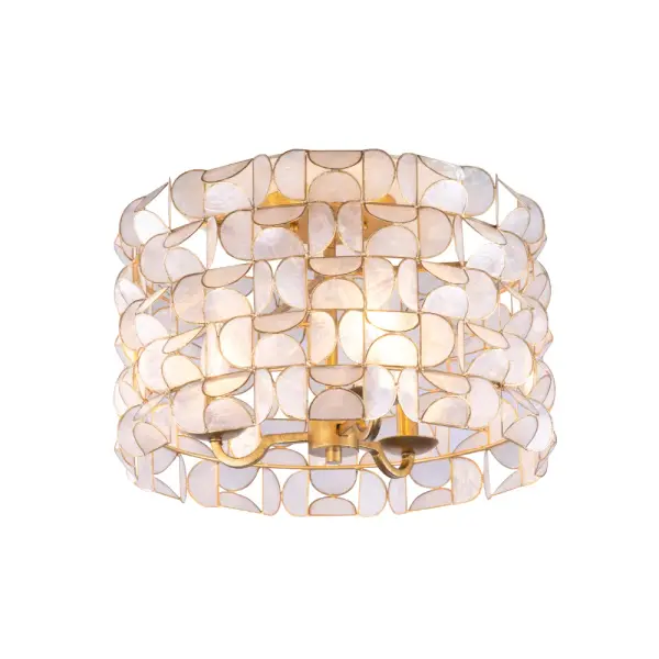 The Crescent collection is inspired by a butterfly swarm over water. This collection features beautiful natural Capiz shell cut in half moon shapes and connects on angles in a clean modern pattern. The simple repeated geometric pattern offers a spectagular visual effect that is quite complex and natural. Collection: Crescent Rooms: Hallway, Closet Finish: Oxidized Gold Leaf Width: 17.00" Height: 10.50" Weight: 7.16 lb Wire: 12" Canopy: 5.5"x1" Number of Bulbs: 3 Maximum Wattage: 60.00 W Bulb Type: Candelabra Bulb Base: E12 Candelabra Dimmable Voltage: 120.00 V Material: Steel, Capiz Shell Country of Origin: Philippines Safety Listing: UL-cUL Safety Rating: Dry
