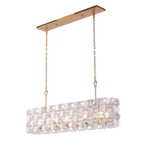 The Crescent collection is inspired by a butterfly swarm over water. This collection features beautiful natural Capiz shell cut in half moon shapes and connects on angles in a clean modern pattern. The simple repeated geometric pattern offers a spectagular visual effect that is quite complex and natural. Collection: Crescent Rooms: Dining Room, Living Room Finish: Oxidized Gold Leaf Width: 9.50" Height: 18.00" Length: 44.00" Weight: 7.50 lb Extension from Wall: 96.00" Chain: 96" Wire: 96" Canopy: 5"x1"x31" Number of Bulbs: 5 Maximum Wattage: 60.00 W Bulb Type: Candelabra Bulb Base: E12 Candelabra Dimmable Voltage: 120.00 V Material: Steel, Capiz Shell Country of Origin: Philippines Safety Listing: UL-cUL Safety Rating: Dry