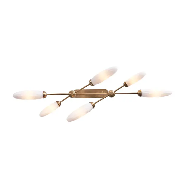 The Crest collection boasts a botanical inspiration with a water textured effect on the elongated frosted glass shades. The slightly curving arms add softness with a warm glow illuminating from the shades that unscrew from holders for bulb access. Available in a Winter Brass finish. Collection: Crest Finish: Winter Brass Width: 18.00" Height: 9.00" Length: 60.00" Weight: 20.00 lb Wire: 96" Rod: (2) 6", (2) 12", (2) 24" Number of Bulbs: 6 Maximum Wattage: 25.00 W Bulb Type: Candelabra Bulb Base: E12 Candelabra Dimmable Voltage: 120.00 V Material: Steel and Glass Country of Origin: China Safety Listing: cETL Safety Rating: Dry - alternate view