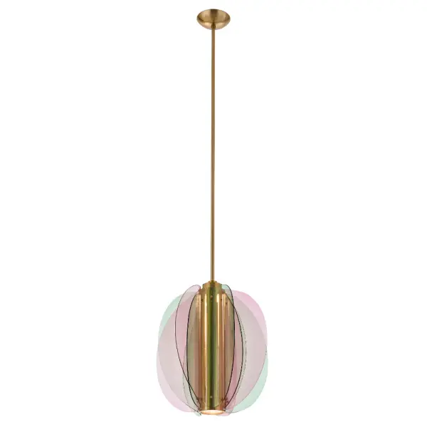 Inspired by Tulips for their translucent and colorful petals. The Tulipa pendant features curved glass shapes that alternate colors and adorn the center down light column. Featuring integrated LED lampig with a frosted glass diffuser and a warm Winter Brass finish. Collection: Tulipa Rooms: Kitchen, Bar Finish: Winter Brass Width: 14.50" Height: 25.00" Weight: 21.00 lb Wire: 96" Rod: (1) 6", (1) 12", (1) 24" Bulbs Included Maximum Wattage: 8.00 W Bulb Type: LED Bulb Base: Integrated Light Source: LED Light Output: 420.00 lm Color Temperature: 3000 K CRI: 90 Dimmable Voltage: 120.00 V Material: Steel, Glass Country of Origin: China Safety Listing: UL-cUL Safety Rating: Dry LED