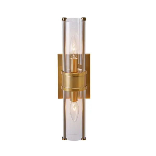 Elegance exposed, Duet is inspired by cleverly designed hardware. Using its internal parts as the main design element, this sconce is the perfect representation of form and function in a Vintage Brass finish with crystal clear low iron glass. Designed by Vaness DeLeon exclusively for Kalco Lighting. Collection: Duet Rooms: Bathroom, Powder Room, Living Room, Hallway Finish: Vintage Brass Width: 4.00" Height: 17.00" Extension from Wall: 4.00" Wire: 12" Canopy: 6.5"x0.5"x4.5" Number of Bulbs: 2 Maximum Wattage: 40.00 W Bulb Type: Candelabra Bulb Base: Candelabra Dimmable Voltage: 120.00 V Material: Iron, Glass Country of Origin: China Safety Listing: UL-cUL Safety Rating: Dry ADA