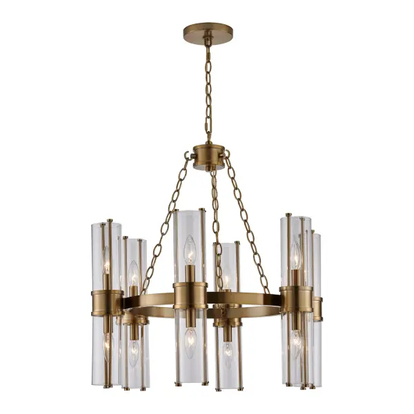 Elegance exposed, Duet is inspired by cleverly designed hardware. Using its internal parts as the main design element, this sconce is the perfect representation of form and function in a Vintage Brass finish with crystal clear low iron glass. Designed by Vanessa DeLeon exclusively for Kalco. Collection: Duet Finish: Vintage Brass Width: 26.00" Height: 17.00" Weight: 30.00 lb Chain: 48" Wire: 96" Canopy: 5.5"x1" Number of Bulbs: 12 Maximum Wattage: 40.00 W Bulb Type: Candelabra Bulb Base: E12 Candelabra Dimmable Voltage: 120.00 V Material: Iron Glass Country of Origin: China Safety Listing: ETL-CETL Safety Rating: Damp