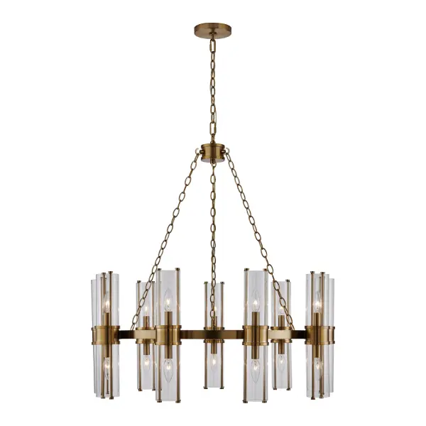 Elegance exposed, Duet is inspired by cleverly designed hardware. Using its internal parts as the main design element, this sconce is the perfect representation of form and function in a Vintage Brass finish with crystal clear low iron glass. Designed by Vanessa DeLeon exclusively for Kalco. Collection: Duet Finish: Vintage Brass Width: 36.00" Height: 17.00" Weight: 49.00 lb Chain: 96" Wire: 156" Canopy: 5.5"x1" Number of Bulbs: 18 Maximum Wattage: 40.00 W Bulb Type: Candelabra Bulb Base: E12 Candelabra Dimmable Voltage: 120.00 V Material: Iron Glass Country of Origin: China Safety Listing: ETL-CETL Safety Rating: Damp