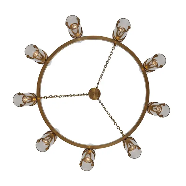 Elegance exposed, Duet is inspired by cleverly designed hardware. Using its internal parts as the main design element, this sconce is the perfect representation of form and function in a Vintage Brass finish with crystal clear low iron glass. Designed by Vanessa DeLeon exclusively for Kalco. Collection: Duet Finish: Vintage Brass Width: 36.00" Height: 17.00" Weight: 49.00 lb Chain: 96" Wire: 156" Canopy: 5.5"x1" Number of Bulbs: 18 Maximum Wattage: 40.00 W Bulb Type: Candelabra Bulb Base: E12 Candelabra Dimmable Voltage: 120.00 V Material: Iron Glass Country of Origin: China Safety Listing: ETL-CETL Safety Rating: Damp - alternate view