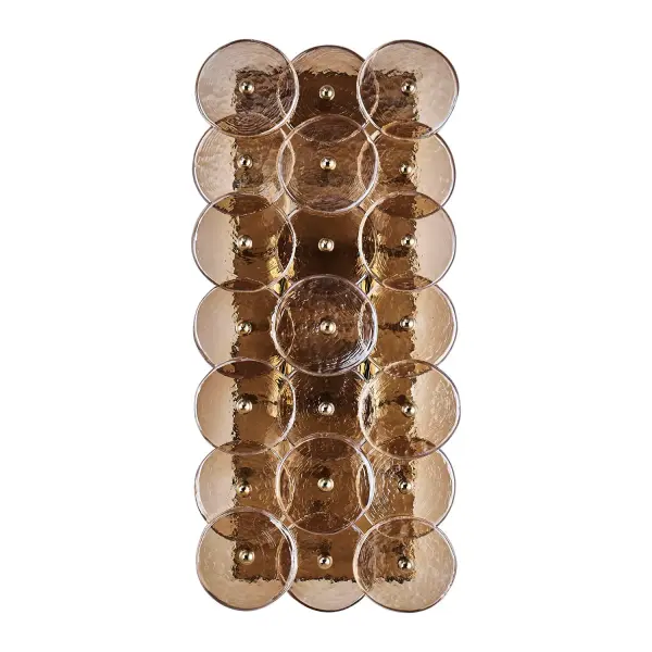 Enhance your space with the Hortensia Collection, which brings warmth and makes a bold statement through its abstract, geometric layering of overlapping glass circles that create captivating textures and magnify light in intriguing ways. Available in a Polished Winter Brass finish paired with gold glass, it tells a warm and inviting color story. Inspired by Mid-Century Modern aesthetics, the sleek design provides versatile options for mounting heights and design applications. _________________ Collection: HORTENSIA Finish: Polished Winter Brass Width: 8.50" Height: 18.50" Weight: 9.00 lb Extension from Wall: 4.50" Wire: 8" Canopy: 6"x1"x16.5" Number of Bulbs: 4 Maximum Wattage: 40.00 W Bulb Type: Candelabra Bulb Base: E12 Candelabra Dimmable Voltage: 120.00 V Material: Iron and Glass Country of Origin: China Safety Listing: UL-cUL Safety Rating: DAMP