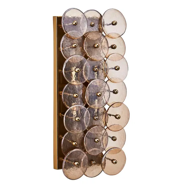 Enhance your space with the Hortensia Collection, which brings warmth and makes a bold statement through its abstract, geometric layering of overlapping glass circles that create captivating textures and magnify light in intriguing ways. Available in a Polished Winter Brass finish paired with gold glass, it tells a warm and inviting color story. Inspired by Mid-Century Modern aesthetics, the sleek design provides versatile options for mounting heights and design applications. _________________ Collection: HORTENSIA Finish: Polished Winter Brass Width: 8.50" Height: 18.50" Weight: 9.00 lb Extension from Wall: 4.50" Wire: 8" Canopy: 6"x1"x16.5" Number of Bulbs: 4 Maximum Wattage: 40.00 W Bulb Type: Candelabra Bulb Base: E12 Candelabra Dimmable Voltage: 120.00 V Material: Iron and Glass Country of Origin: China Safety Listing: UL-cUL Safety Rating: DAMP - alternate view