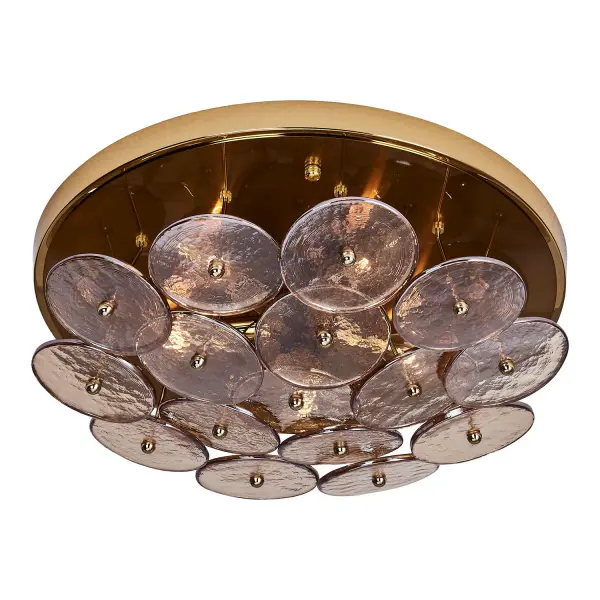 Enhance your space with the Hortensia Collection, which brings warmth and makes a bold statement through its abstract, geometric layering of overlapping glass circles that create captivating textures and magnify light in intriguing ways. Available in a Polished Winter Brass finish paired with gold glass, it tells a warm and inviting color story. Inspired by Mid-Century Modern aesthetics, the sleek design provides versatile options for mounting heights and design applications. _________________ Collection: HORTENSIA Finish: Polished Winter Brass Width: 18.50" Height: 6.00" Weight: 18.00 lb Wire: 12" Canopy: 18"x1" Number of Bulbs: 5 Maximum Wattage: 40.00 W Bulb Type: Candelabra Bulb Base: E12 Candelabra Dimmable Voltage: 120.00 V Material: Iron and Glass Country of Origin: China Safety Listing: UL-cUL Safety Rating: DAMP