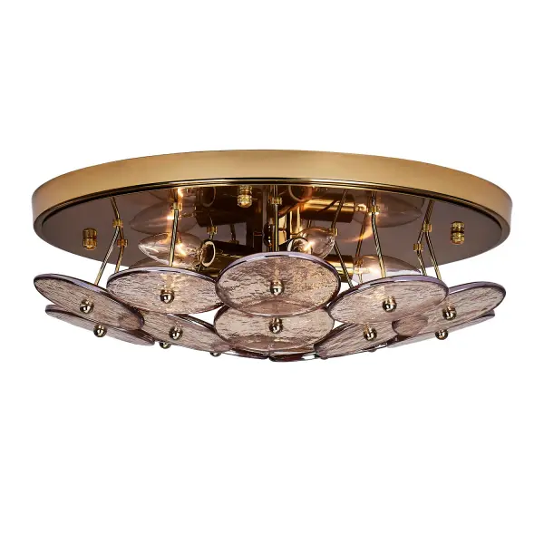 Enhance your space with the Hortensia Collection, which brings warmth and makes a bold statement through its abstract, geometric layering of overlapping glass circles that create captivating textures and magnify light in intriguing ways. Available in a Polished Winter Brass finish paired with gold glass, it tells a warm and inviting color story. Inspired by Mid-Century Modern aesthetics, the sleek design provides versatile options for mounting heights and design applications. _________________ Collection: HORTENSIA Finish: Polished Winter Brass Width: 18.50" Height: 6.00" Weight: 18.00 lb Wire: 12" Canopy: 18"x1" Number of Bulbs: 5 Maximum Wattage: 40.00 W Bulb Type: Candelabra Bulb Base: E12 Candelabra Dimmable Voltage: 120.00 V Material: Iron and Glass Country of Origin: China Safety Listing: UL-cUL Safety Rating: DAMP - alternate view