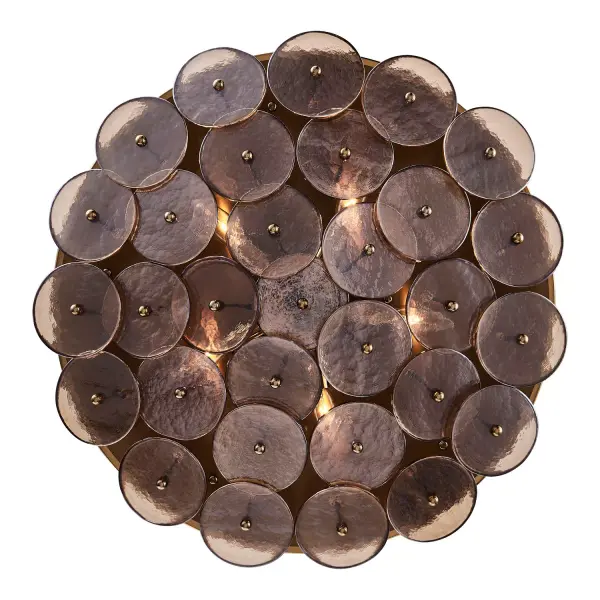 Enhance your space with the Hortensia Collection, which brings warmth and makes a bold statement through its abstract, geometric layering of overlapping glass circles that create captivating textures and magnify light in intriguing ways. Available in a Polished Winter Brass finish paired with gold glass, it tells a warm and inviting color story. Inspired by Mid-Century Modern aesthetics, the sleek design provides versatile options for mounting heights and design applications. _________________ Collection: HORTENSIA Finish: Polished Winter Brass Width: 24.50" Height: 18.00" Weight: 33.00 lb Wire: 96" Rod: (1) 6", (1) 12", (1) 24" Canopy: 5"x1" Number of Bulbs: 5 Maximum Wattage: 40.00 W Bulb Type: Candelabra Bulb Base: E12 Candelabra Dimmable Voltage: 120.00 V Material: Iron and Glass Country of Origin: China Safety Listing: UL-cUL Safety Rating: DAMP - alternate view