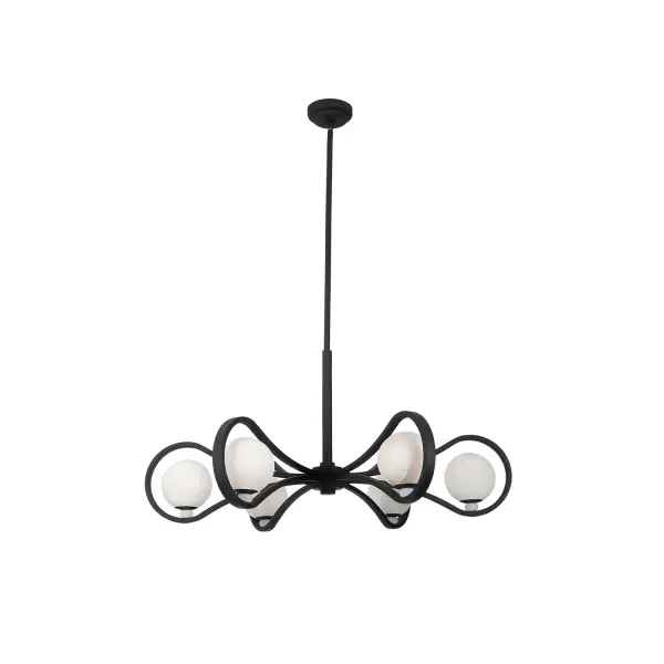 Explore the timeless elegance of Elliptical. Crafted with Alabaster stone globes and clean flowing lines. The Matte Black finish adds a dash of distinction with looping forms that naturally draw your eye in. When lit, the balanced orbs cast a relaxed yet captivating glow. Collection: Elliptical Rooms: Living Room, Bedroom, Dining Room, Finish: Matte Black Width: 36.50" Height: 26.00" Length: 36.50" Wire: 96" Rod: (1) 6", (1) 12", (1) 24" Canopy: 5"x1.5" Bulbs Included Number of Bulbs: 6 Maximum Wattage: 4.00 W Bulb Type: G9 Bulb Base: G9 Light Source: LED Dimmable Voltage: 120.00 V Material: Steel, Alabaster Country of Origin: Philippines Safety Listing: UL-cUL Safety Rating: Dry LED
