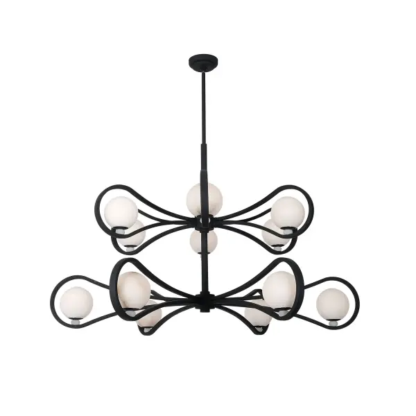 Explore the timeless elegance of Elliptical. Crafted with Alabaster stone globes and clean flowing lines. The Matte Black finish adds a dash of distinction with looping forms that naturally draw your eye in. When lit, the balanced orbs cast a relaxed yet captivating glow. Collection: Elliptical Rooms: Foyer, Entryway, Stairwell, Finish: Matte Black Width: 48.00" Height: 74.50" Wire: 120" Rod: (1) 6", (1) 12", (1) 24" Canopy: 5"x1.5" Bulbs Included Number of Bulbs: 12 Maximum Wattage: 4.00 W Bulb Type: G9 Bulb Base: G9 Light Source: LED Dimmable Voltage: 120.00 V Material: Steel, Alabaster Country of Origin: Philippines Safety Listing: UL-cUL Safety Rating: Dry LED