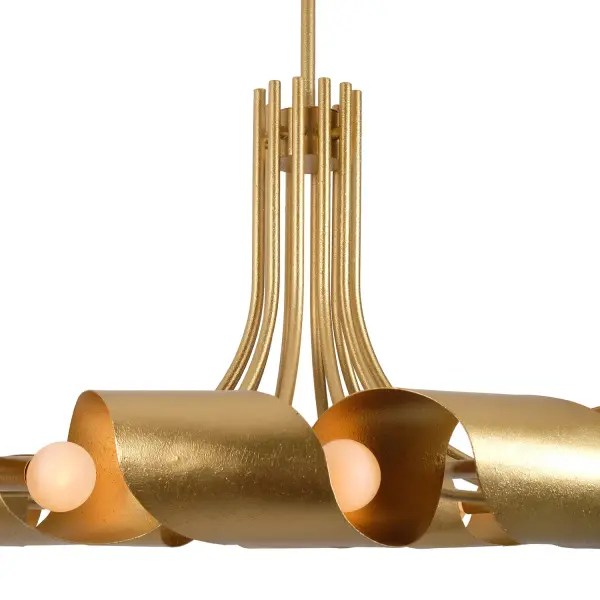 Elevate your space with our Ribbon Collection. Inspired by twisted sheet metal and gracefully concealed bulb sockets that create a mesmerizing floating effect. Handcrafted from premium metal, this fixture boasts exceptional craftsmanship. It offers a unique lighting experience as the bulbs delicately peed through the twisting form, adding an enchanting touch to any room with its Bright Gold finish. Collection: Ribbon Rooms: Dining Room, Living Room Finish: Bright Gold Leaf Width: 36.00" Height: 18.00" Weight: 19.00 lb Wire: 96" Rod: (1) 6", (1) 12", (1) 24" Canopy: 5.5"x0.75" Number of Bulbs: 12 Maximum Wattage: 40.00 W Bulb Type: Candelabra Bulb Base: Candelabra Dimmable Voltage: 120.00 V Material: Steel Country of Origin: Philippines Safety Listing: UL-cUL Safety Rating: Dry - alternate view
