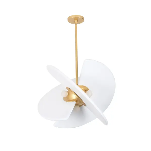 Inspired by the graceful dance of three plains encircling a central light source, with solid wood blades tapering to accentuate the main light focus. Crafted from a harmonious blend of steel and wood, it showcases impeccable metal working craftsmanship, creating visually intriguing sections of light that bounce off the surrounding planes, all elegantly presented in a hand applied gold and white finish. Collection: Rotary Rooms: Dining Room, Living Room, Bedroom, Finish: Bright Gold Leaf + White Width: 24.00" Height: 18.00" Weight: 21.00 lb Wire: 96" Rod: (1) 6", (1) 12", (1) 24" Canopy: 5.5"x0.75" Number of Bulbs: 4 Maximum Wattage: 40.00 W Bulb Type: Candelabra Bulb Base: Candelabra Dimmable Voltage: 120.00 V Material: Wood, Steel Country of Origin: Philippines Safety Listing: UL-cUL Safety Rating: Dry