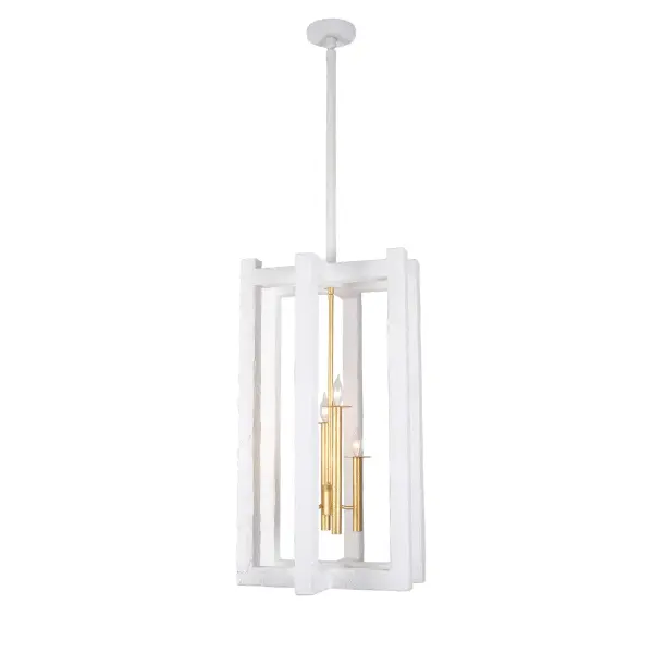 Inspired by the unique and captivating textures of the adobe structures found in desert dwellings, Duo effortlessly brings the essence of the desert into your home. Its soft, warm illumination creates a cozy atmosphere, blending seamlessly with both modern and traditional interior styles. Finished in Matte White and Soft Gold. Collection: Duo Finish: Soft Gold and White Width: 18.00" Height: 34.00" Length: 18.00" Weight: 48.00 lb Wire: 156" Rod: (1) 6", (1) 12", (1) 24" Canopy: 5.5"x0.75" Number of Bulbs: 4 Maximum Wattage: 40.00 W Bulb Type: Candelabra Bulb Base: E12 Candelabra Dimmable Voltage: 120.00 V Material: Steel and Plaster Country of Origin: Philippines Safety Listing: UL/cUL Safety Rating: Dry