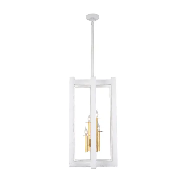 Inspired by the unique and captivating textures of the adobe structures found in desert dwellings, Duo effortlessly brings the essence of the desert into your home. Its soft, warm illumination creates a cozy atmosphere, blending seamlessly with both modern and traditional interior styles. Finished in Matte White and Soft Gold. Collection: Duo Finish: Soft Gold and White Width: 18.00" Height: 34.00" Length: 18.00" Weight: 48.00 lb Wire: 156" Rod: (1) 6", (1) 12", (1) 24" Canopy: 5.5"x0.75" Number of Bulbs: 4 Maximum Wattage: 40.00 W Bulb Type: Candelabra Bulb Base: E12 Candelabra Dimmable Voltage: 120.00 V Material: Steel and Plaster Country of Origin: Philippines Safety Listing: UL/cUL Safety Rating: Dry - alternate view